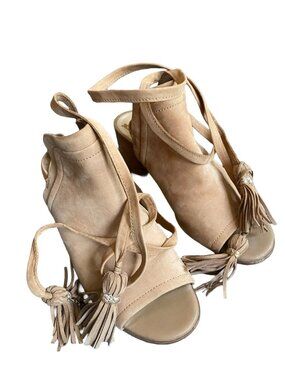 Sam Edelman Tan Suede Peep-Toe Lace-Up Heels with Tassels 6.5